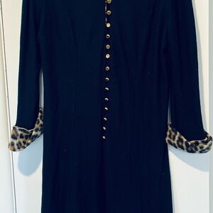 Vintage Black Wool Dress with Leopard Print Cuffs and Brass Buttons